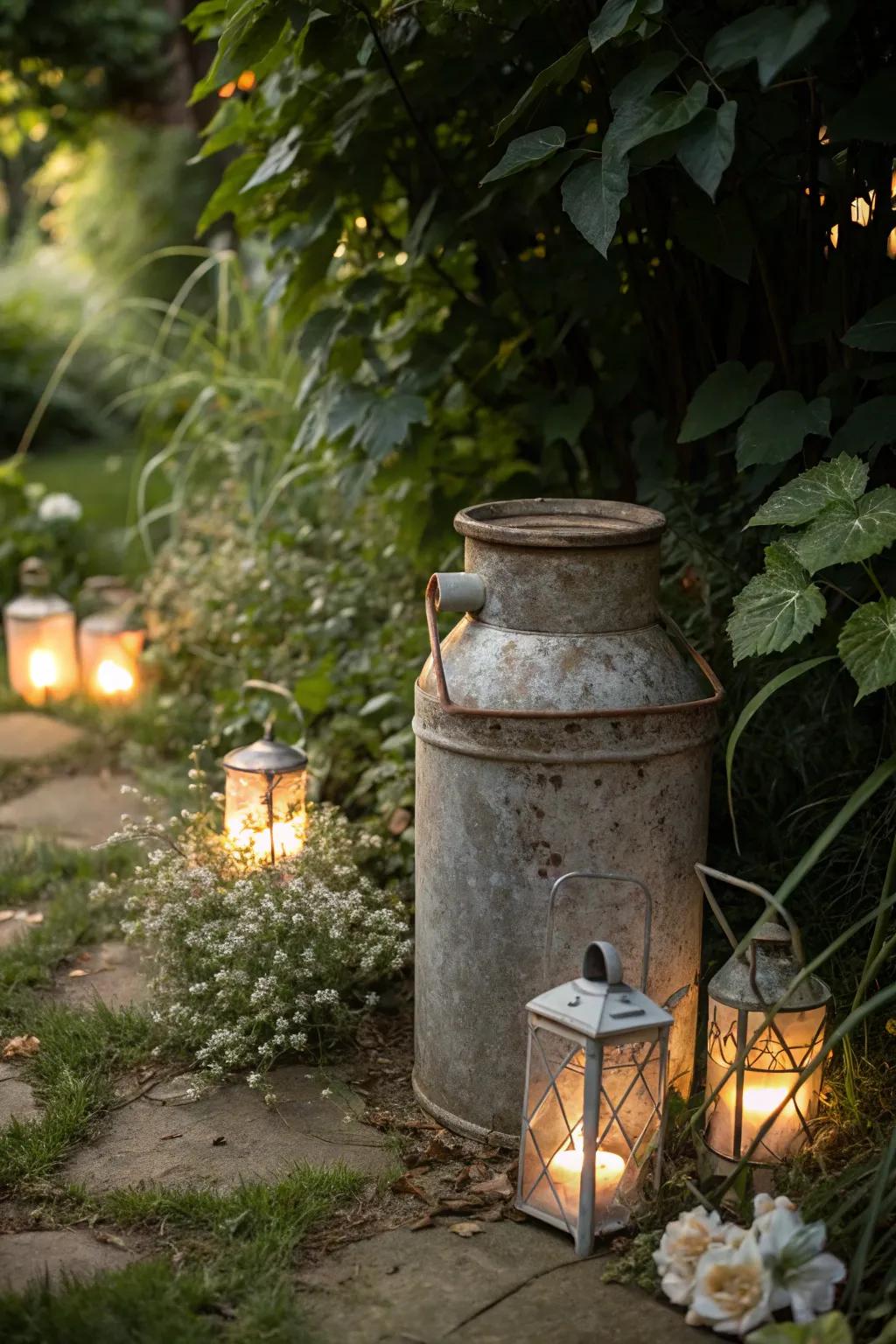 Transform your garden with the country allure of aged metal canisters, illuminated by lanterns for a magical touch.