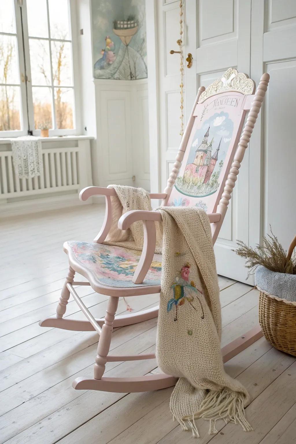 Transform storytime into an enchanted narrative journey with this charming painted rocking chair.