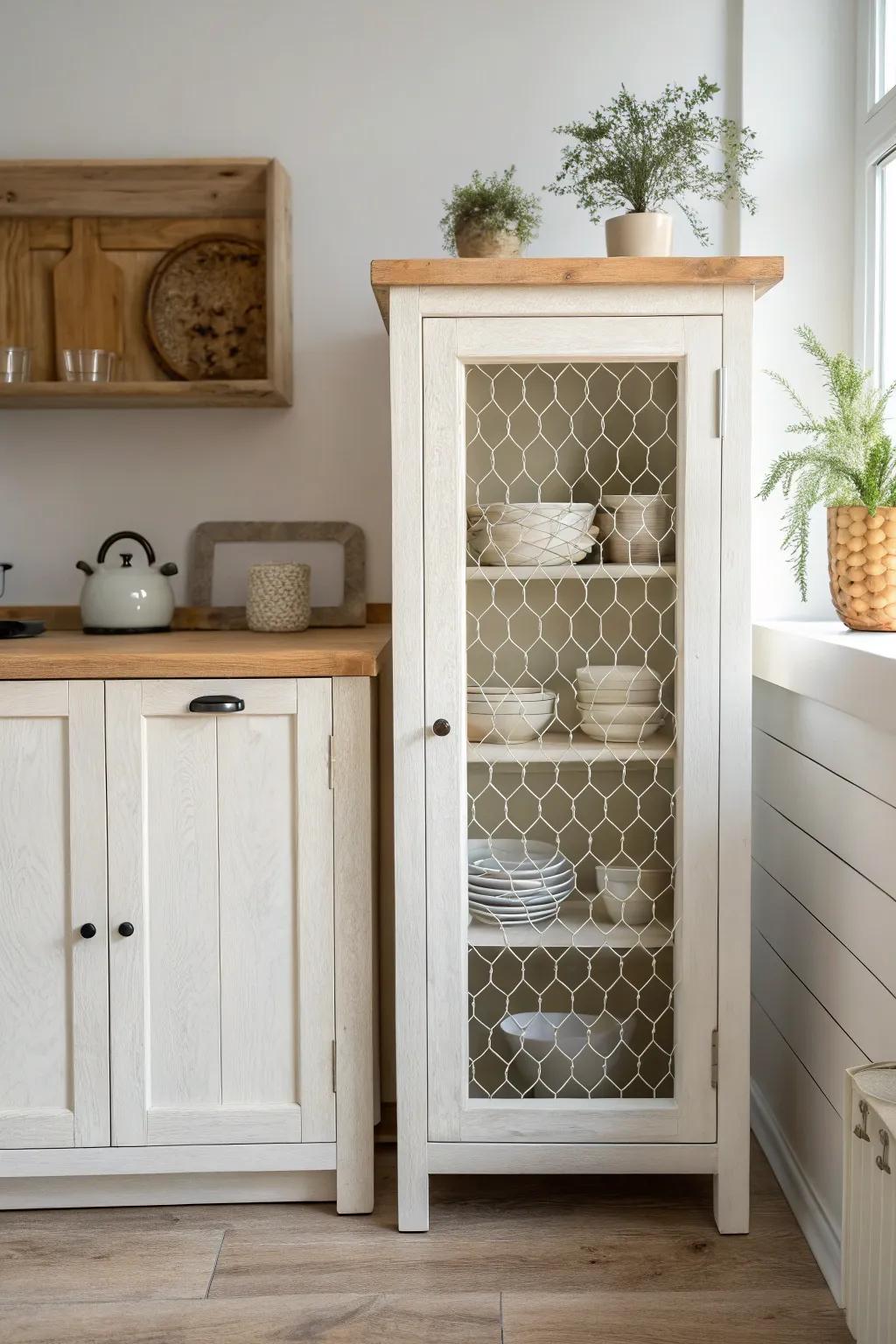 Elevate your kitchen's style with a hint of rural elegance through metal mesh cabinet accents.