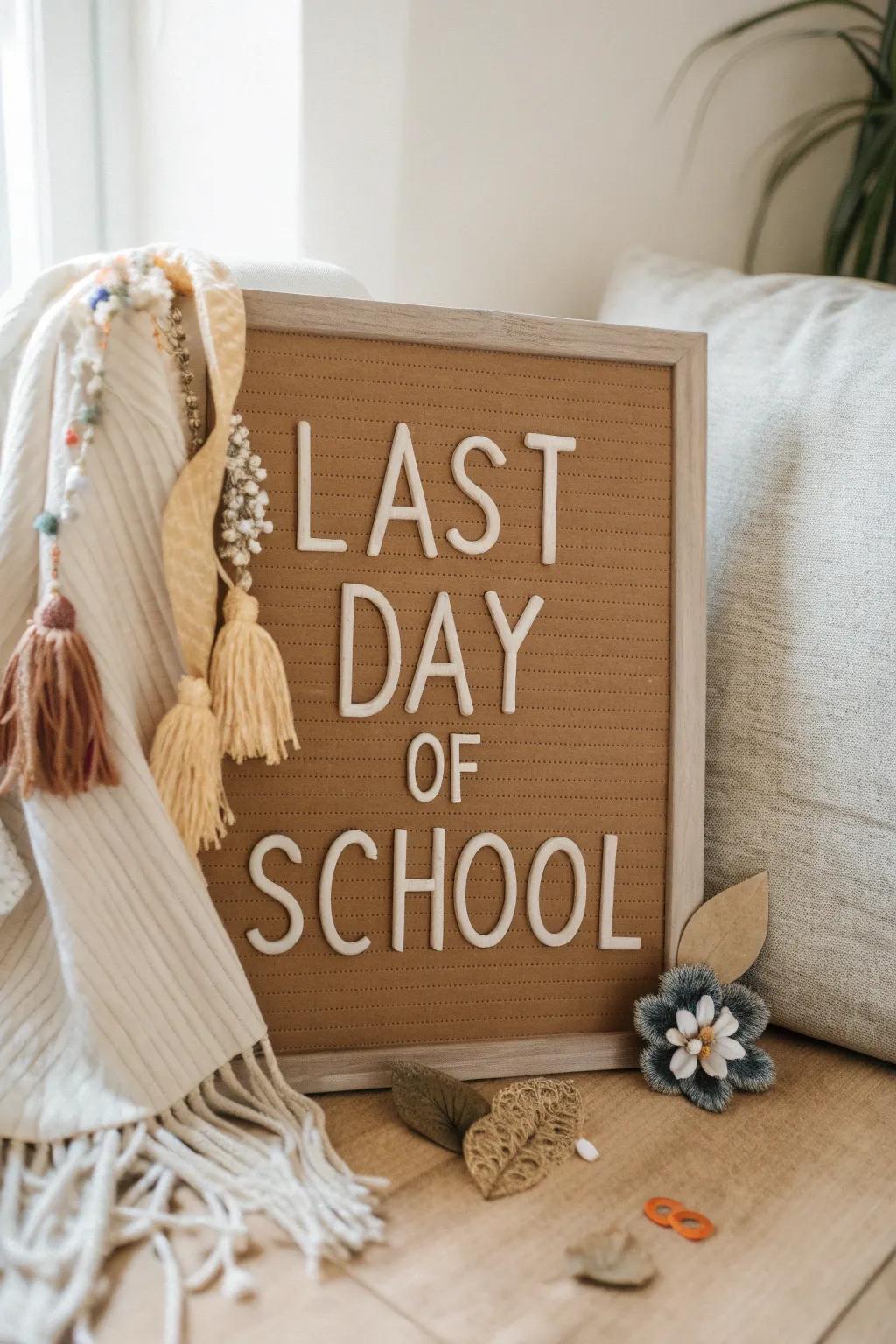 Celebrate sustainability and style with a handcrafted 'Last Day of School' sign made from recycled treasures.