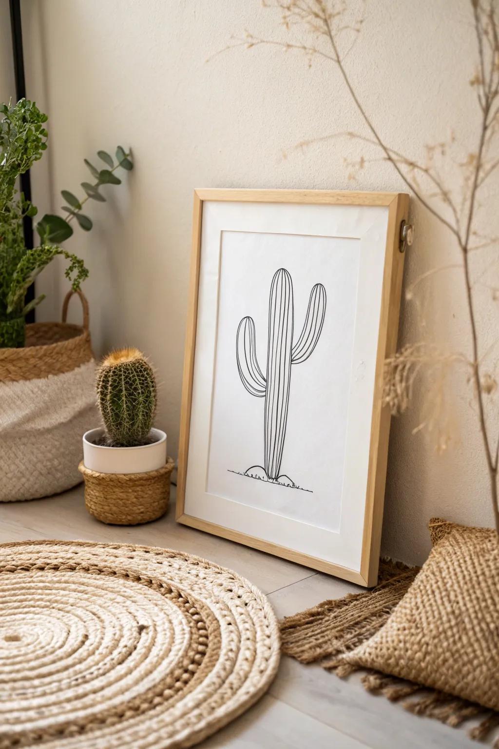 Embrace desert elegance with a minimalist cactus line art that brings a smile to any room.