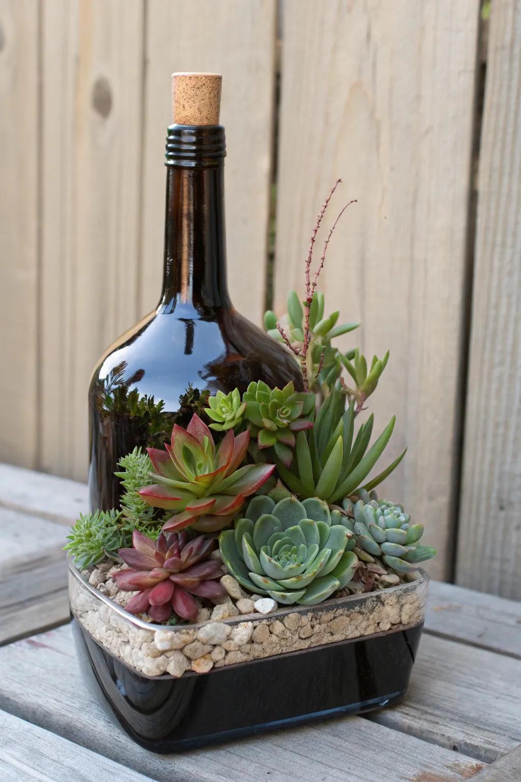 Transform your environment with this stunning spirits container turned succulent garden—where elegance encounters artistry.