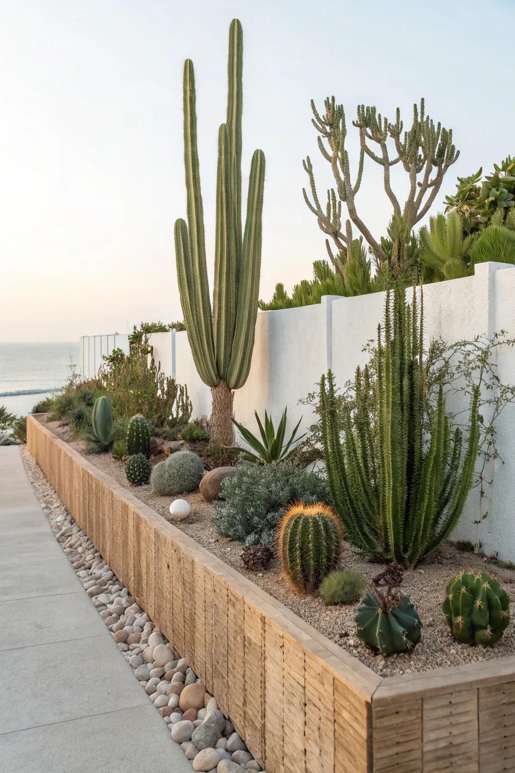Convert your garden with a stunning cactus and fleshy plant existing fence - where minimalist elegance meets nature's resilience.