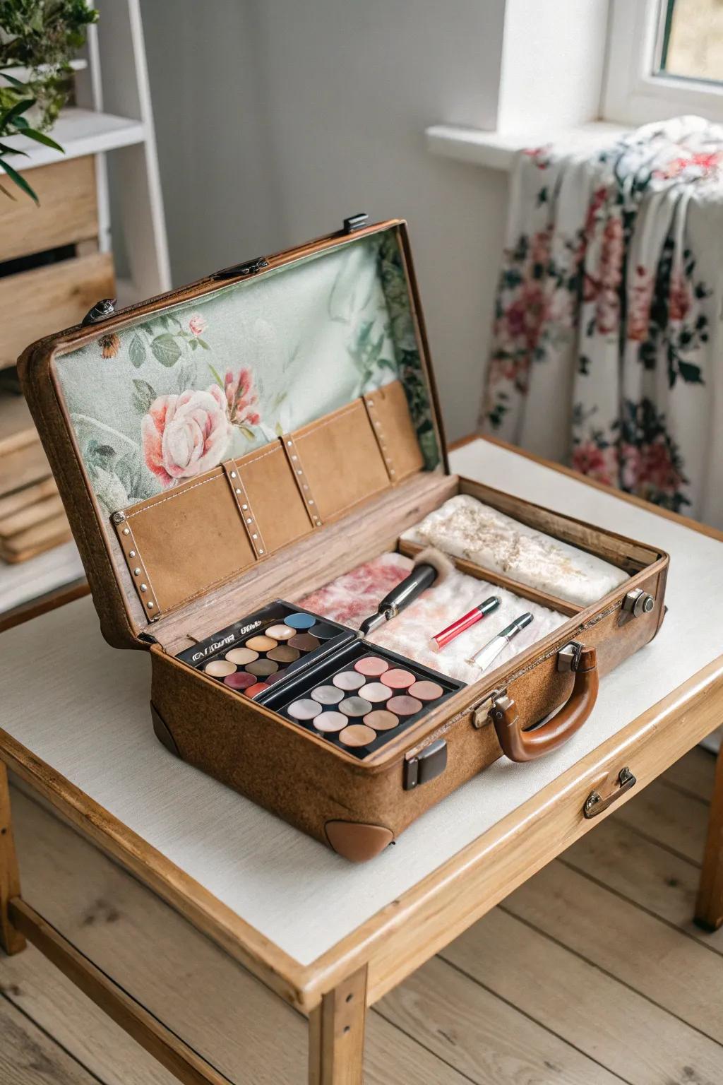 Orchestrate with elegance: A vintage baggage article instills nostalgic allure within your cosmetic exhibition.
