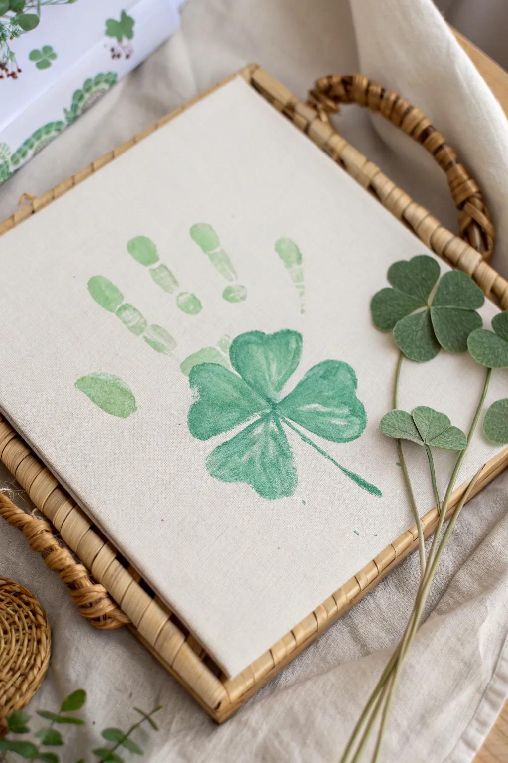 Seize the allure of childhood with this manus impression shamrock artistry, amalgamating minimalist elegance with an impression of Boho cordiality.