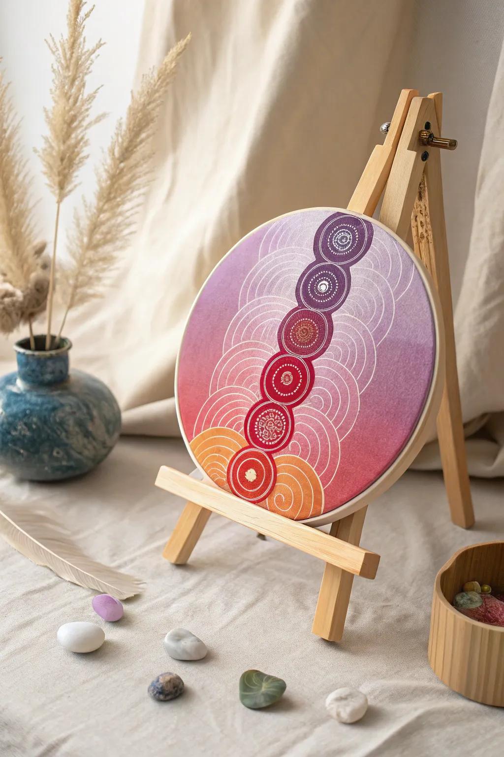 Discover your equilibrium through this captivating chakra artistry piece, a flawless convergence of minimalist design and vibrant hues.