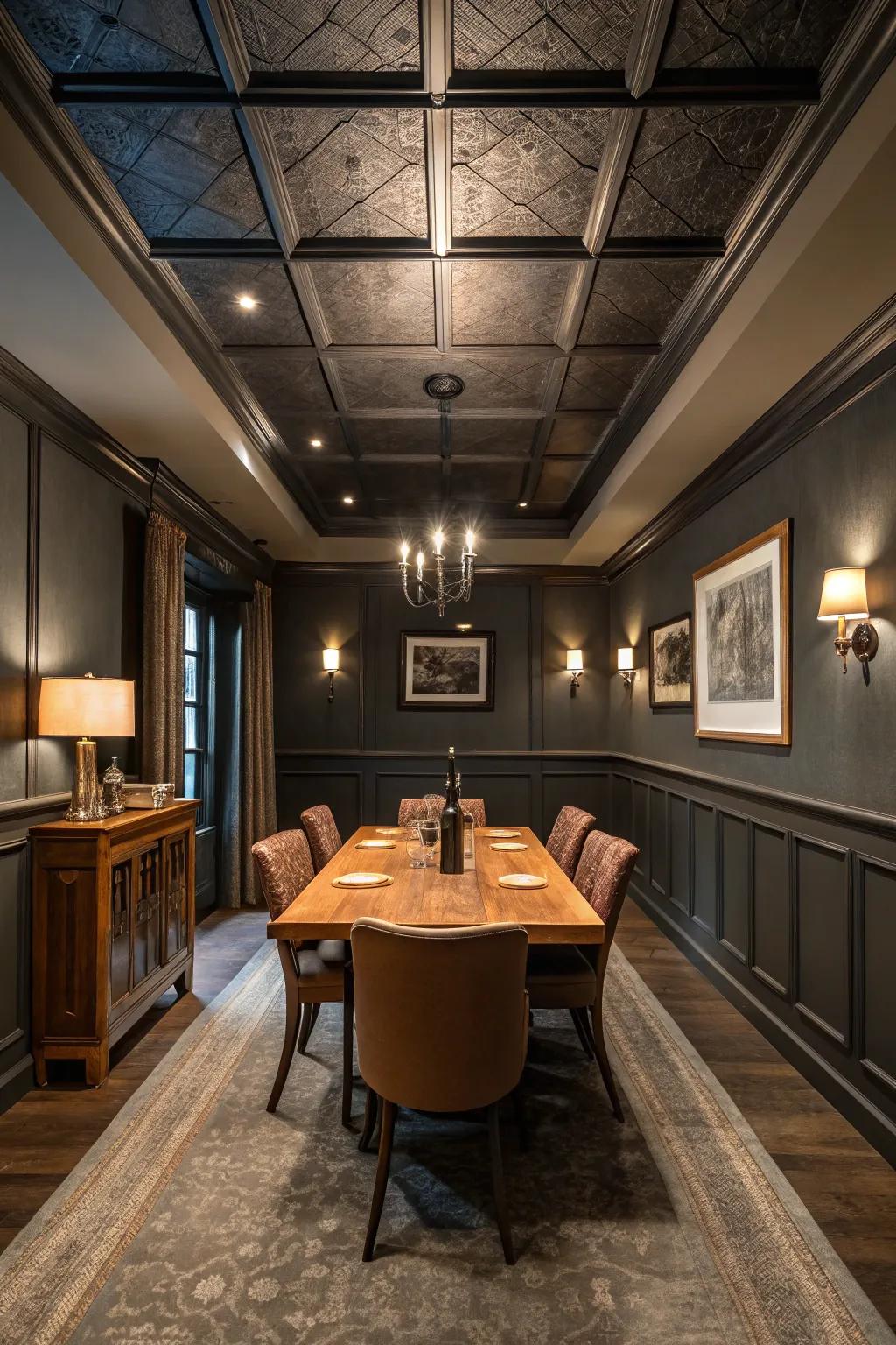 Dark overhead surfaces amplify the room's flair.