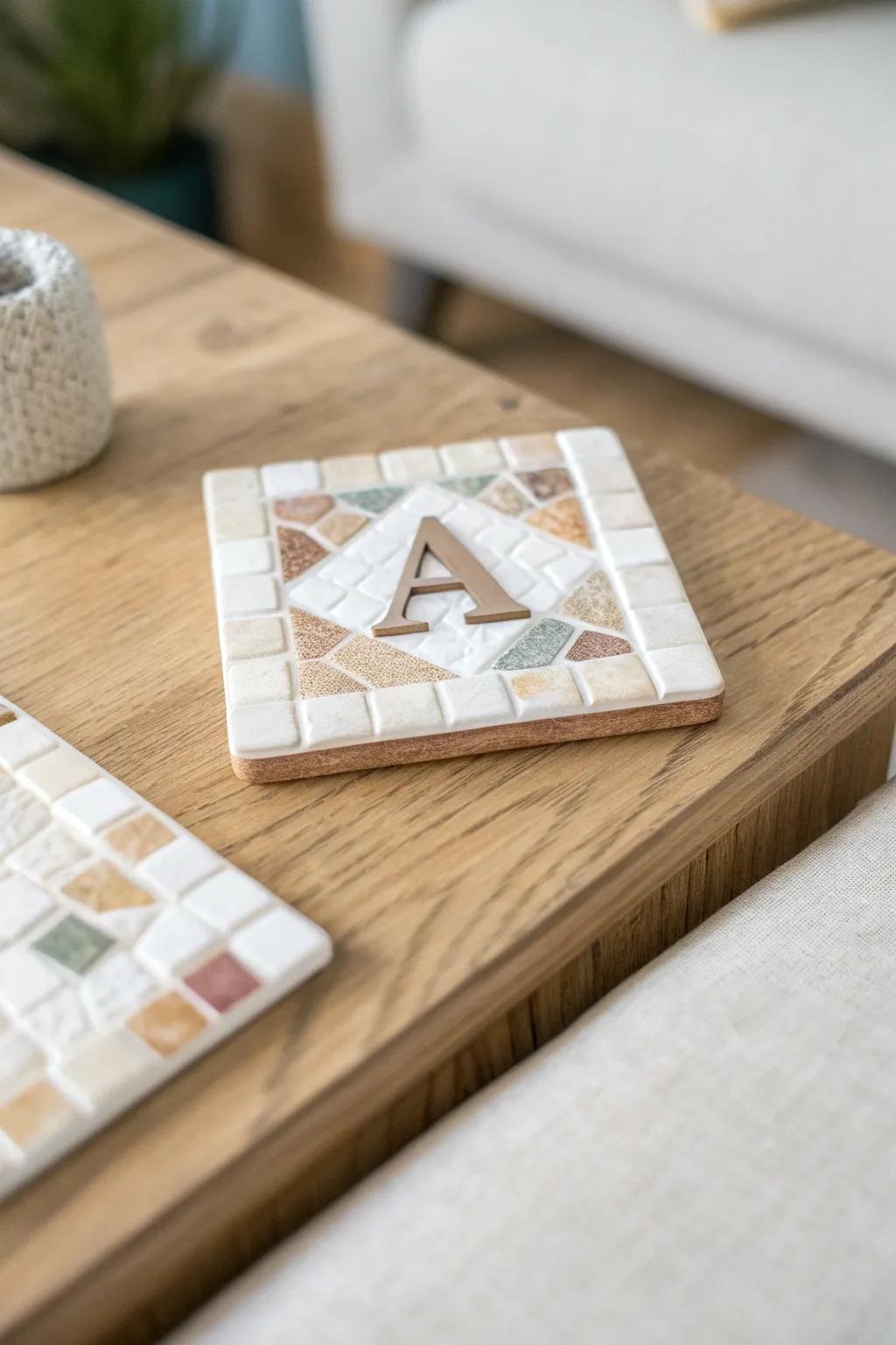 Infuse a personalized nuance into your environment with artisanal mosaic coasters showcasing your monograms.