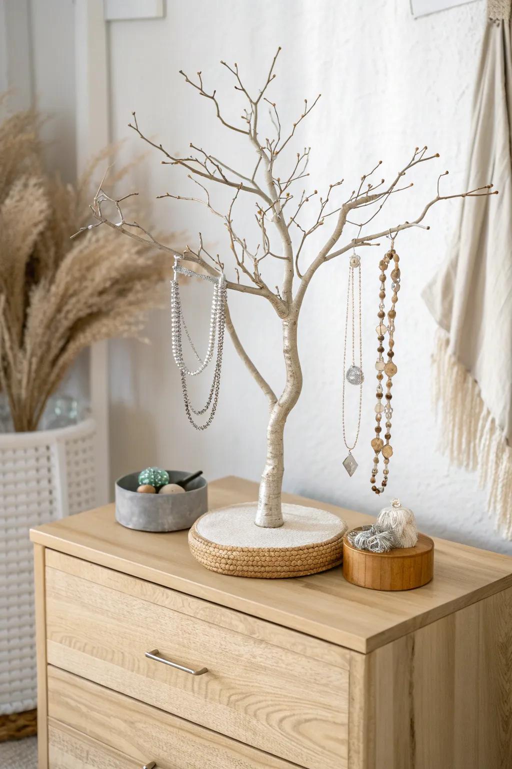 Elevate your decor with a handcrafted jewelry tree that merges minimalist sophistication with boho elegance.