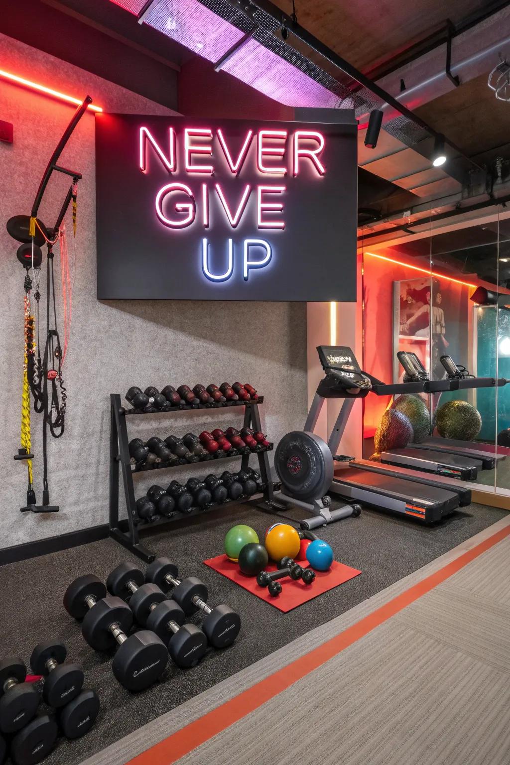 A home gym with a motivating sign.