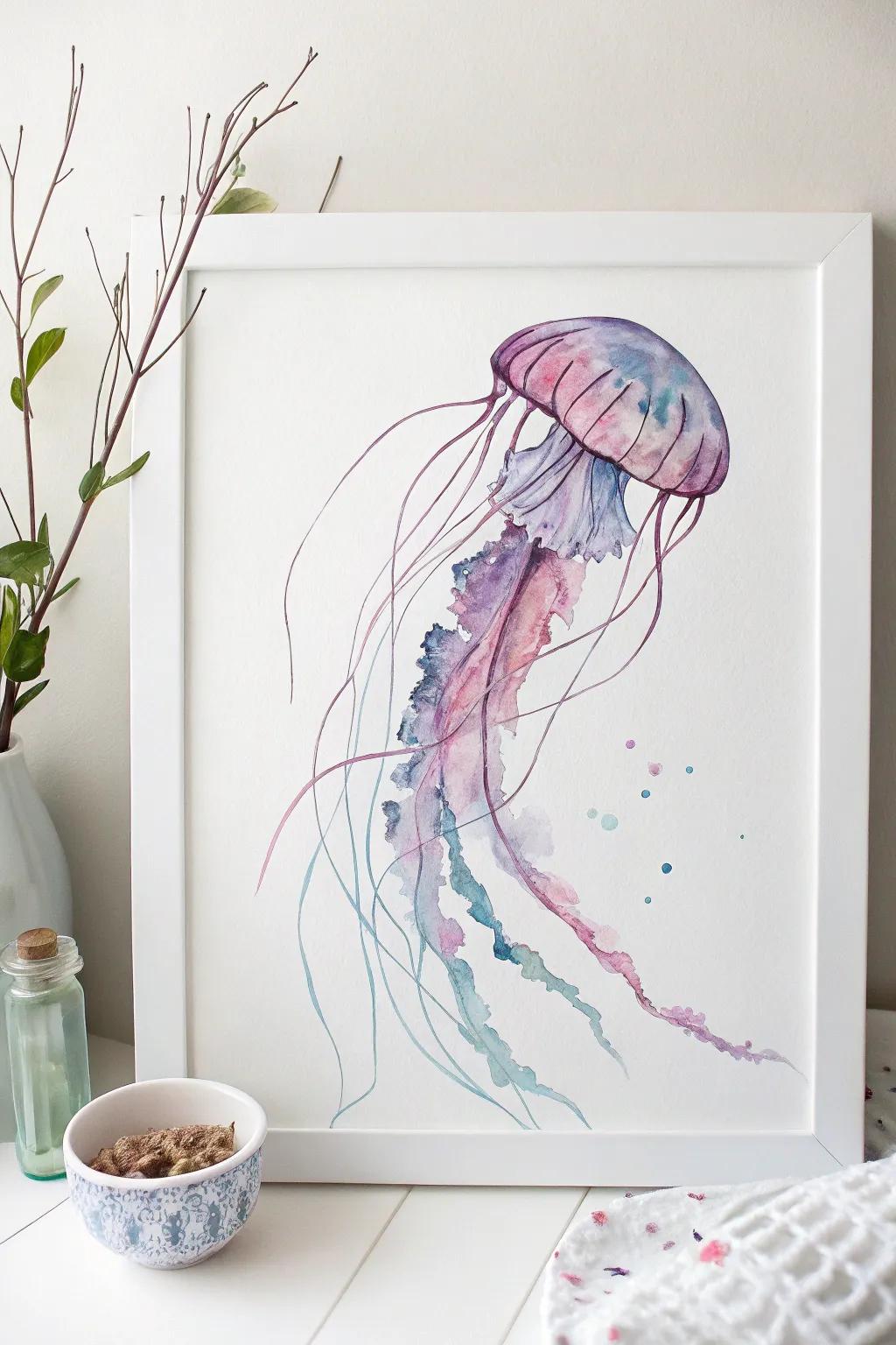 Ethereal beauty: A sea jelly captured in water-based tint, flowing with grace and simple charm.