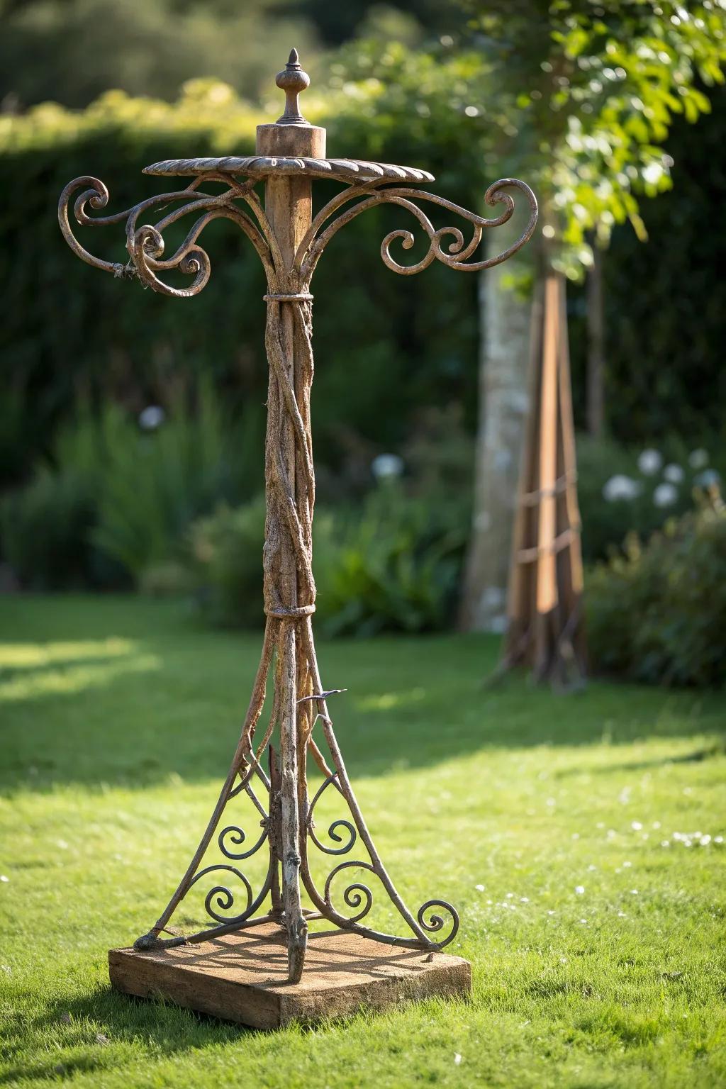 Reimagine tradition into art: an aged washing line stand reborn as a stunning garden effigy.