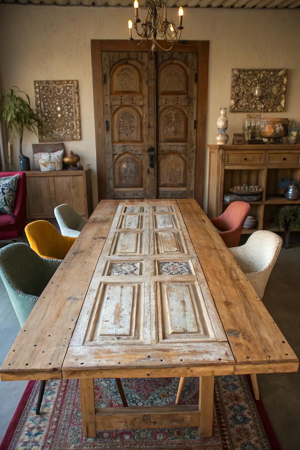 Transform your dining space with a bohemian flair with a reclaimed door table.
