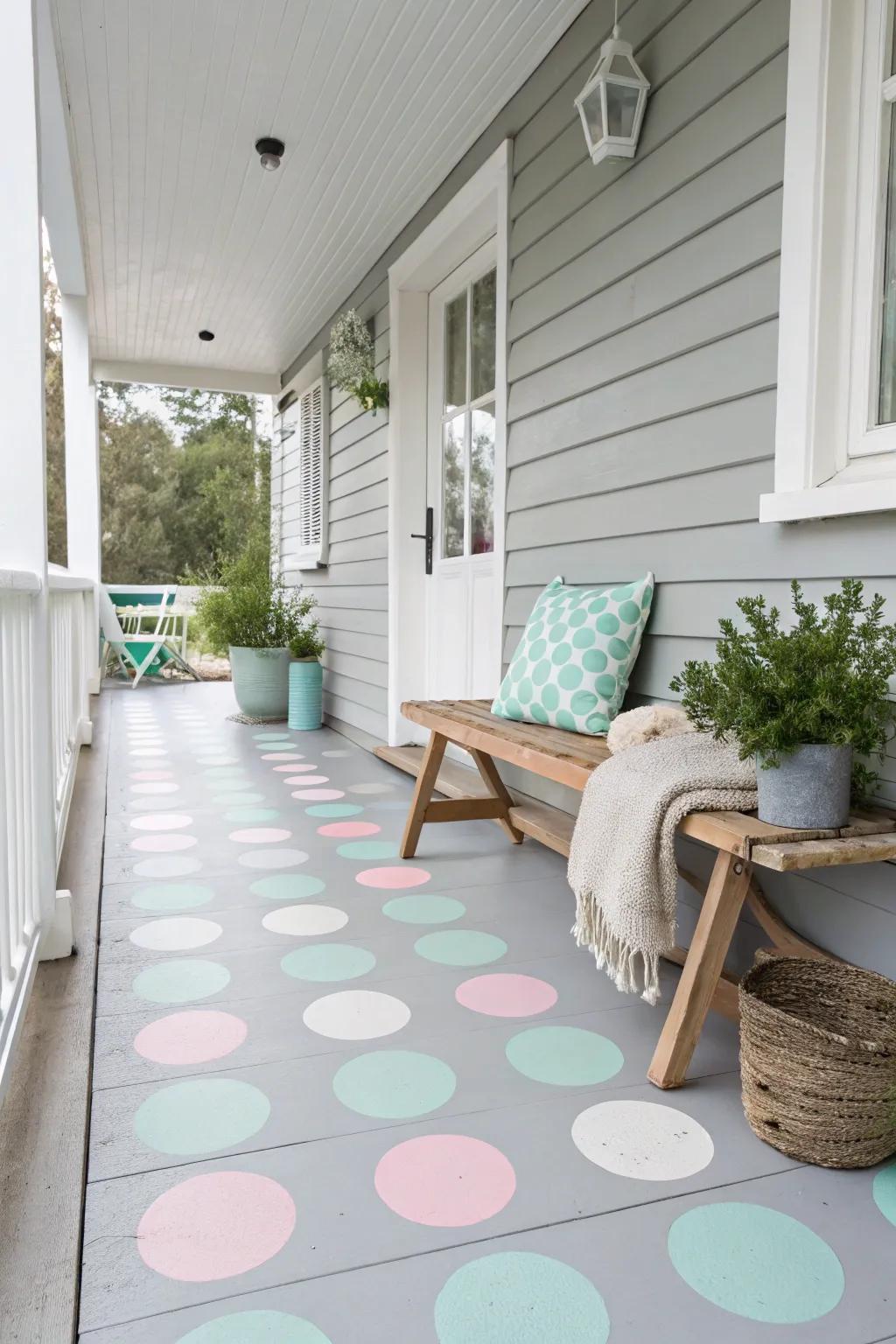 Whimsical elegance meets minimalist charm with playful pastel round marks on a serene Scandinavian porch.
