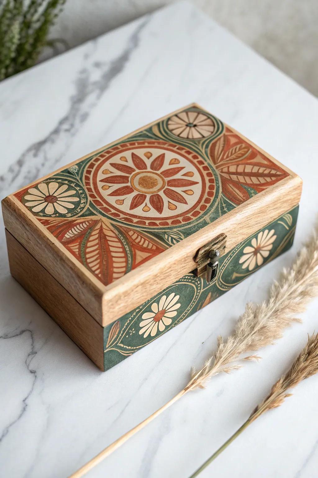 Embrace the bohemian bliss with this hand-painted storage box, a seamless fusion of simplicity and artistic flair.