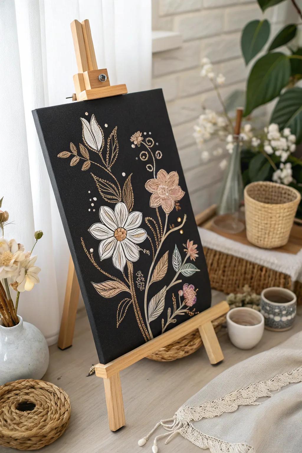Embrace the splendor of negative space through this exquisite floral blueprint upon black canvas, where simplicity converges with elegance.