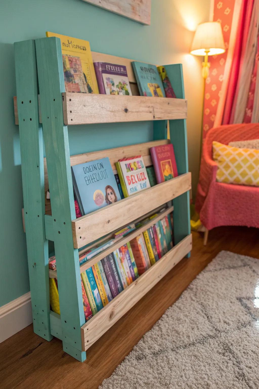 Illuminate your child's area with a vibrant pallet bookshelf, where enjoyment merges with functionality!