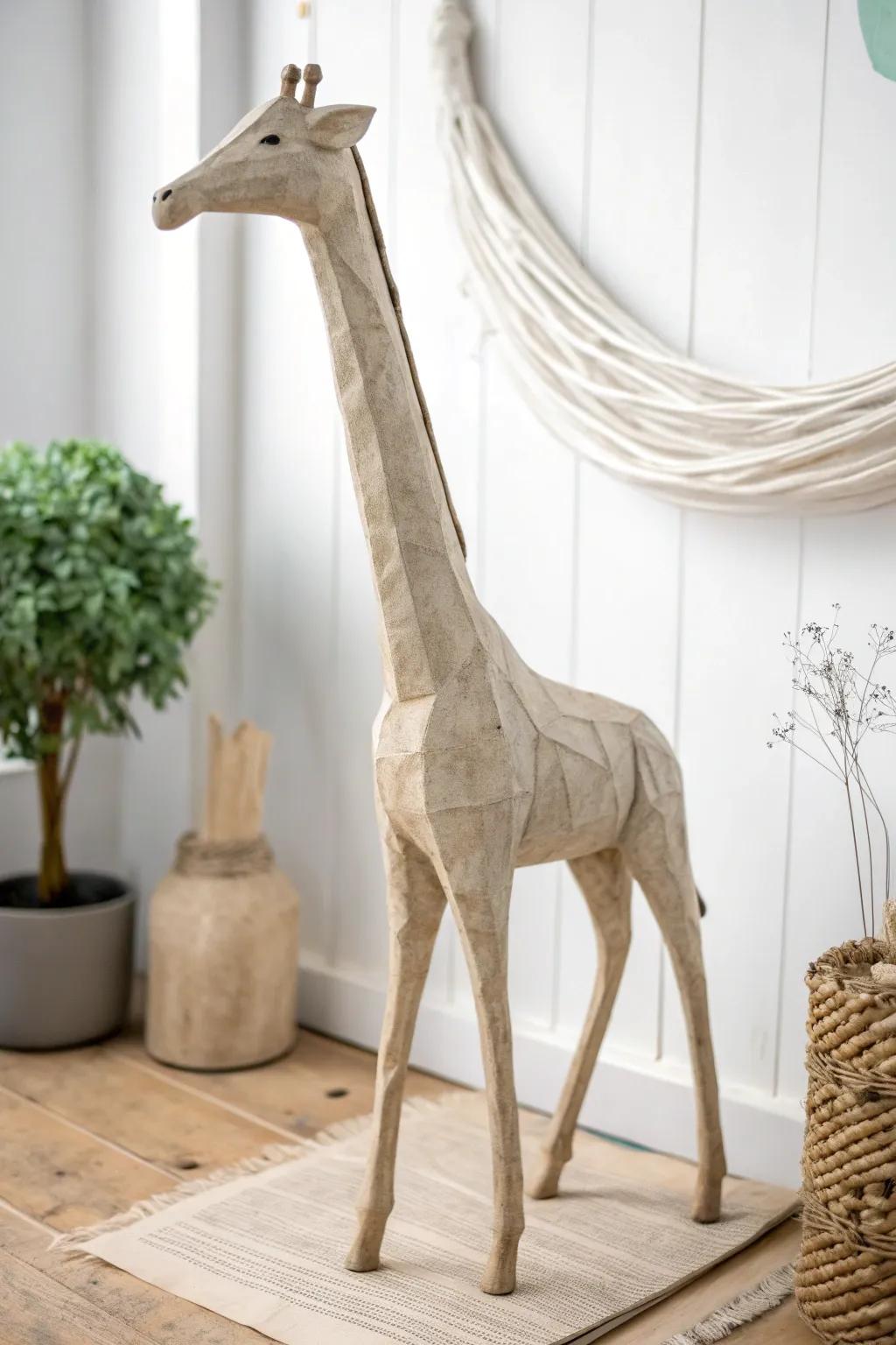 Elevate your space with this elegant paper mache giraffe, a seamless fusion of Scandinavian simplicity and Boho panache.