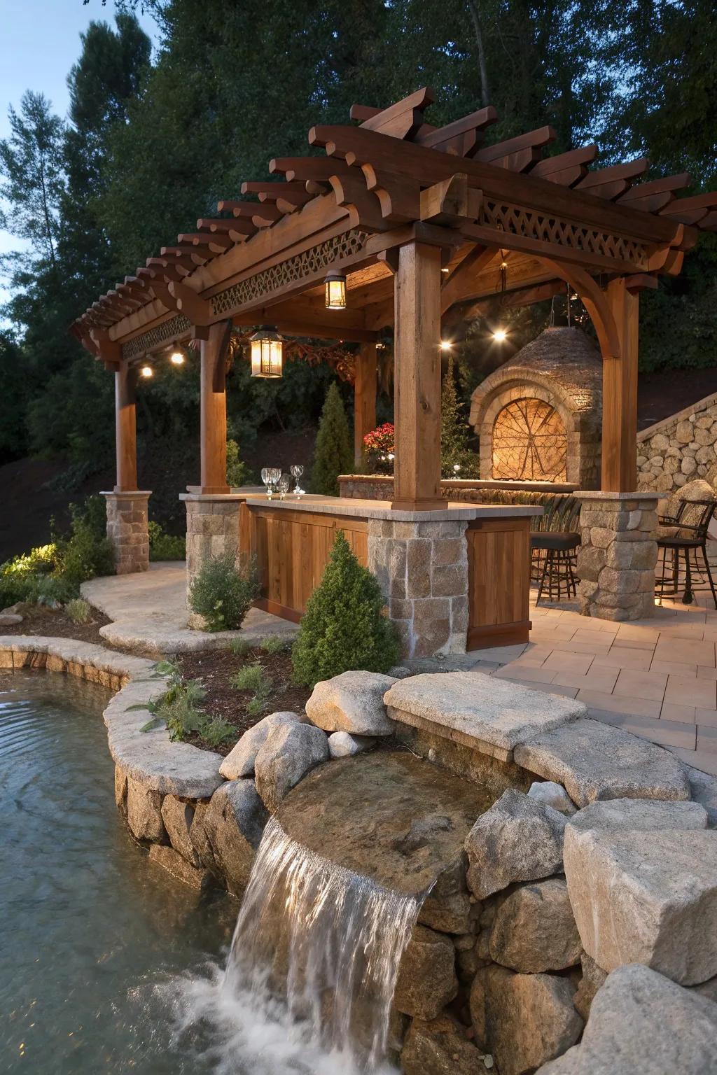 Elevate your outdoor space with a handcrafted pergola bar and a soothing waterfall feature.