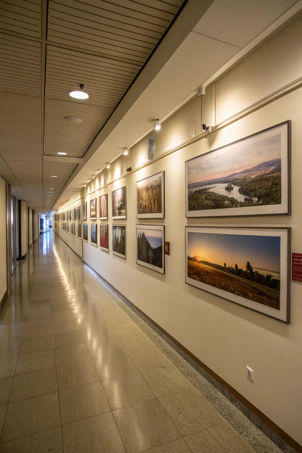 An extended line of frames stylishly stretches across the corridor.