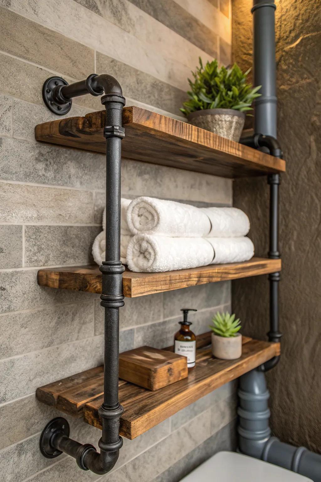 Amplify your washroom with the everlasting charm of countryside pipe shelving.