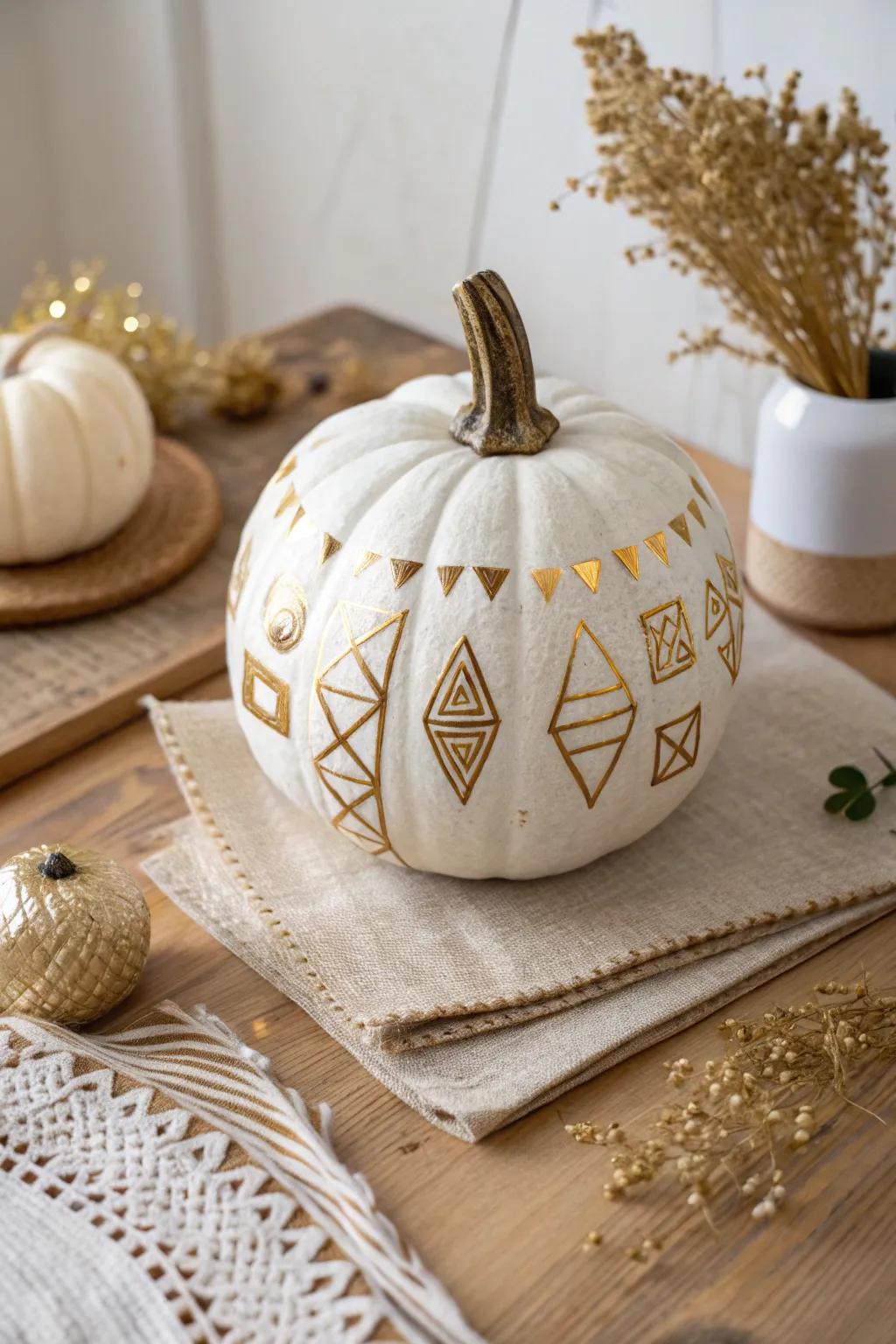 Enhance your autumnal decorations using elegant gilded angular features on a minimalist pumpkin. Suited for incorporating a hint of glam in the Scandinavian style.