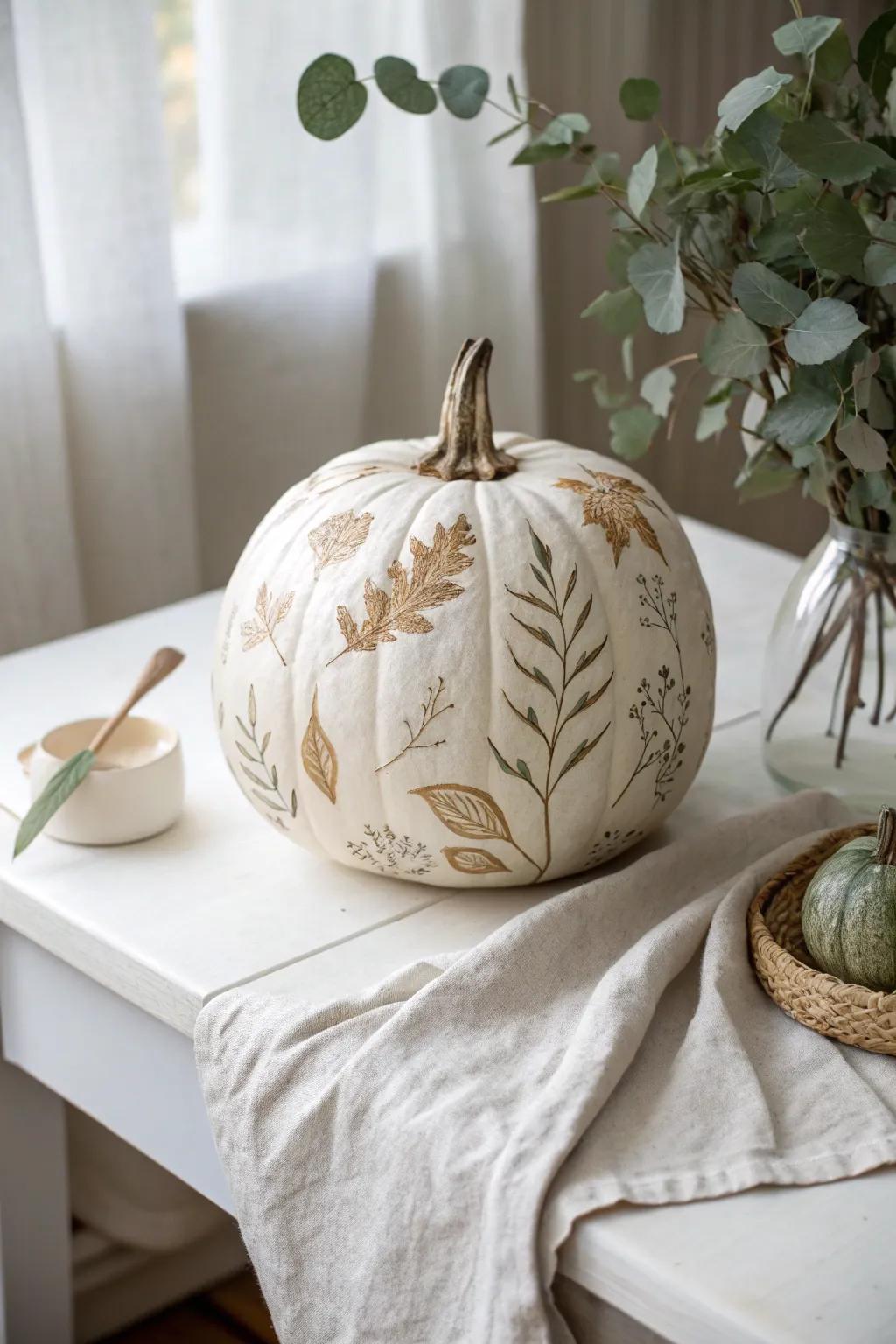 Bring the serenity of nature indoors with these enchanting leaf-patterned pumpkins. 🍂 #FallDecor #MinimalistBoho