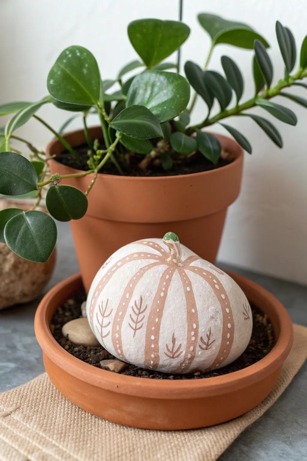 Infuse a soupçon of autumnal elegance into your indoor garden with these endearing gourd stone planters.