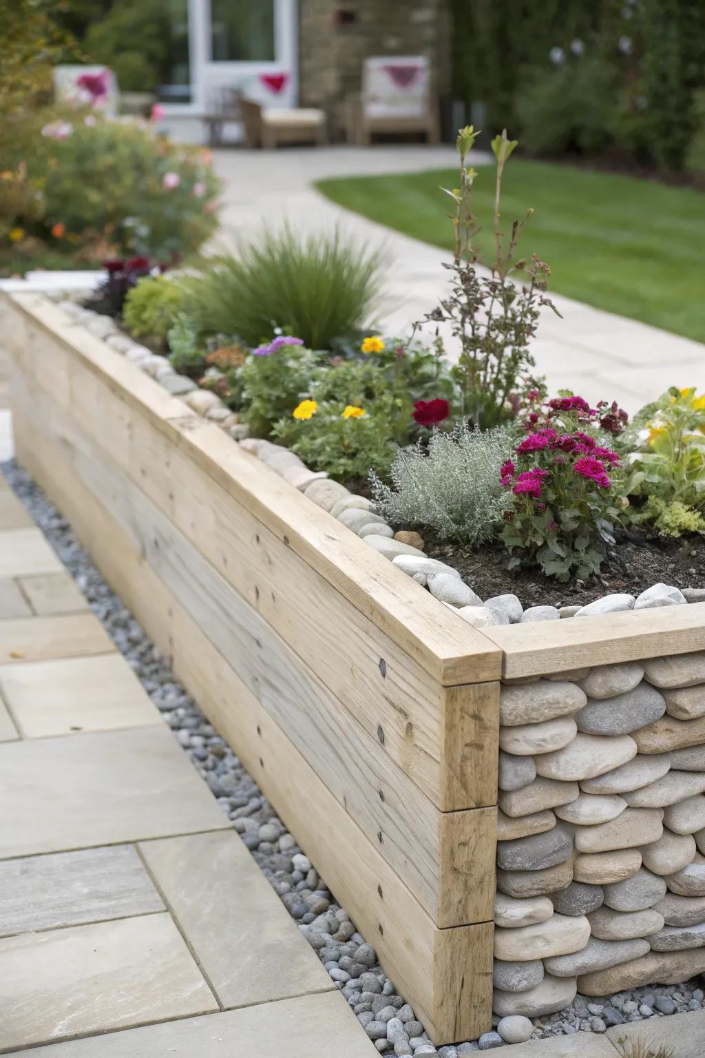 Uplift your garden aesthetic with a sophisticated fusion of timber and stone within your raised flower bed. Uncover the art of harmonizing materials!