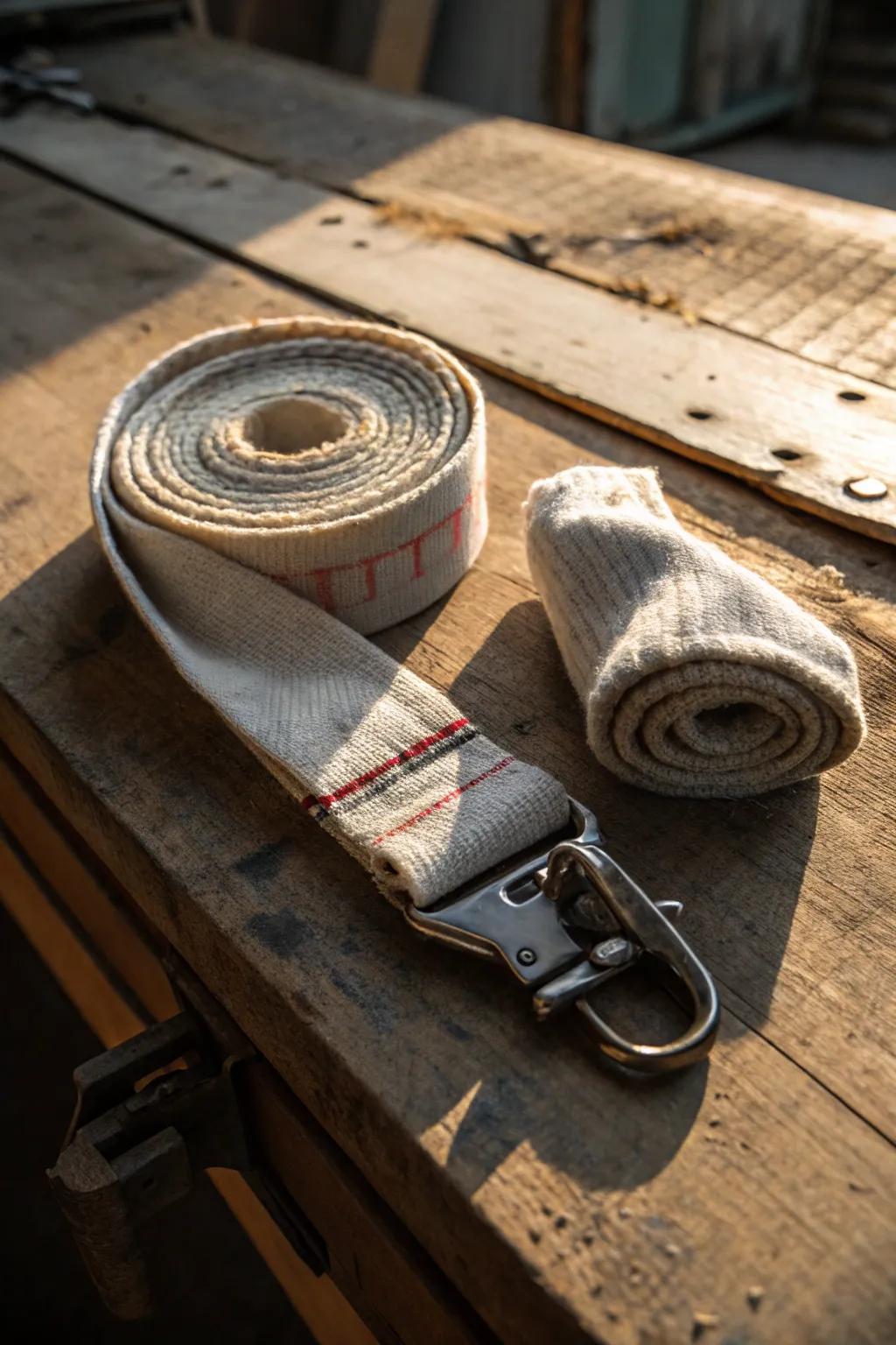 Craftsmanship in simplicity: Transform a textile covering into a stylish tie-down strap holder.