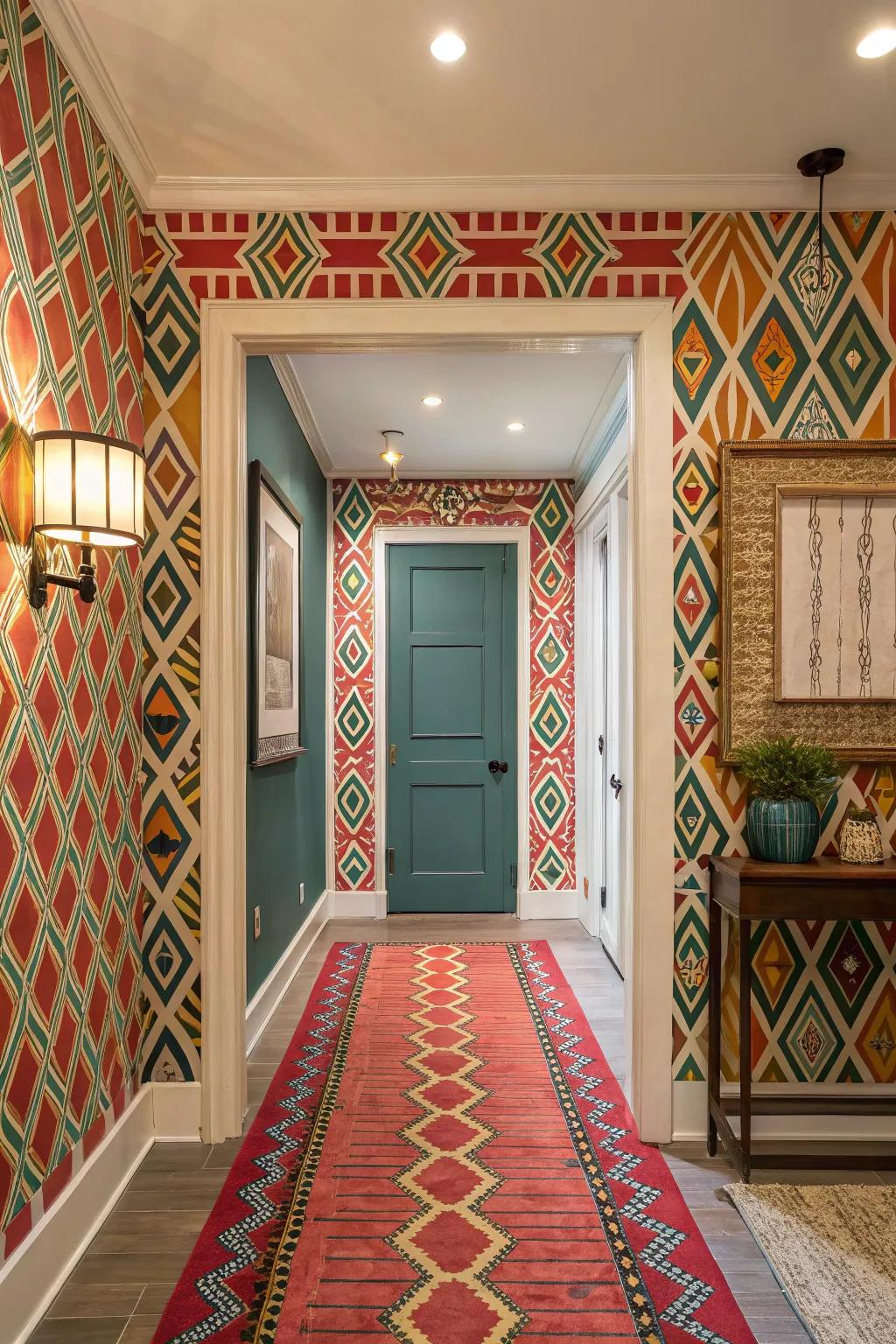 Bold patterns cultivate profundity and visual intrigue within the entryway.