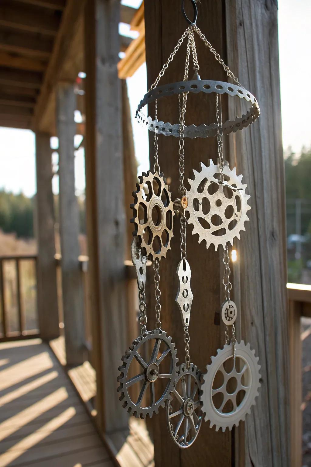 Elevate your milieu through the euphonious enchantment inherent in a handcrafted bicycle cog aeolian resonator.