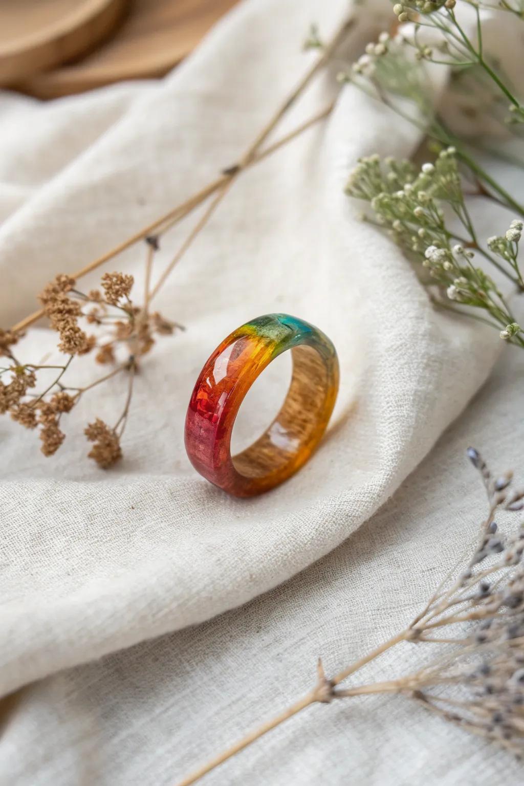 Embrace the joy of color with this stunning spectrum of the rainbow resin ring, where skill converges with vibrant simplicity.