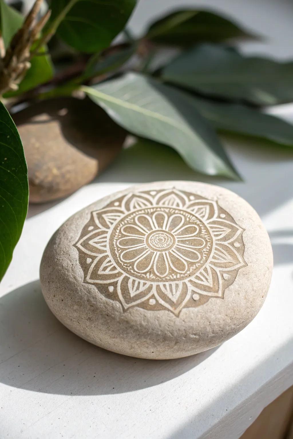 Transform tranquility into art with symbolic-illustration-engraved rocks.