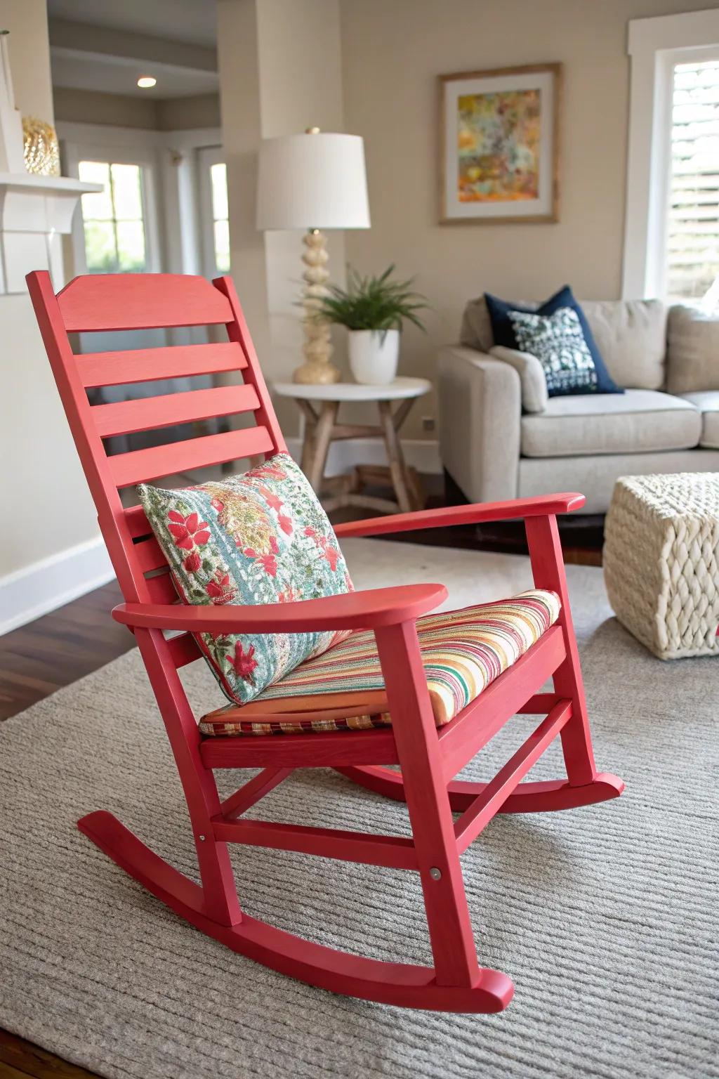 A bold rocking chair capturing the spotlight within a stylish living area.