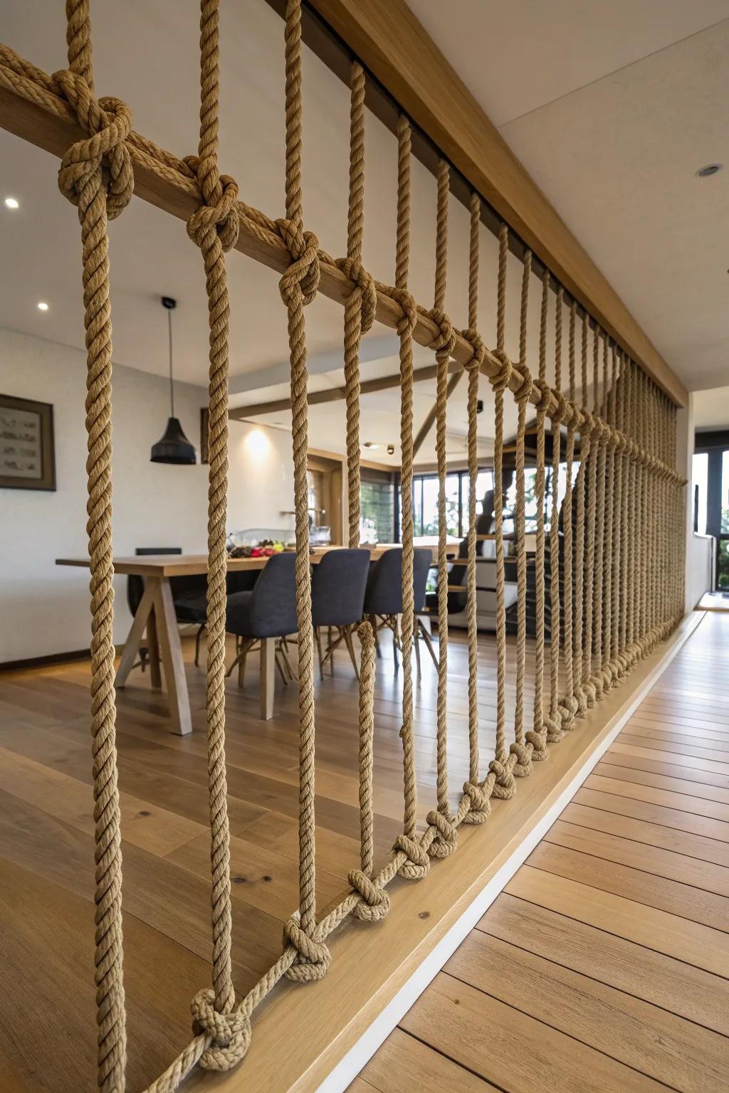Elevate your open-concept living with artistically crafted indoor rope handrails. #Craftsmanship #InteriorDesign