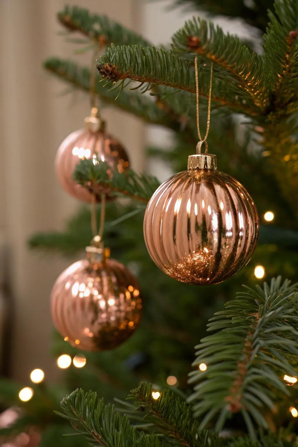 Roseate quicksilver glass ornaments introduce a vintage detail.