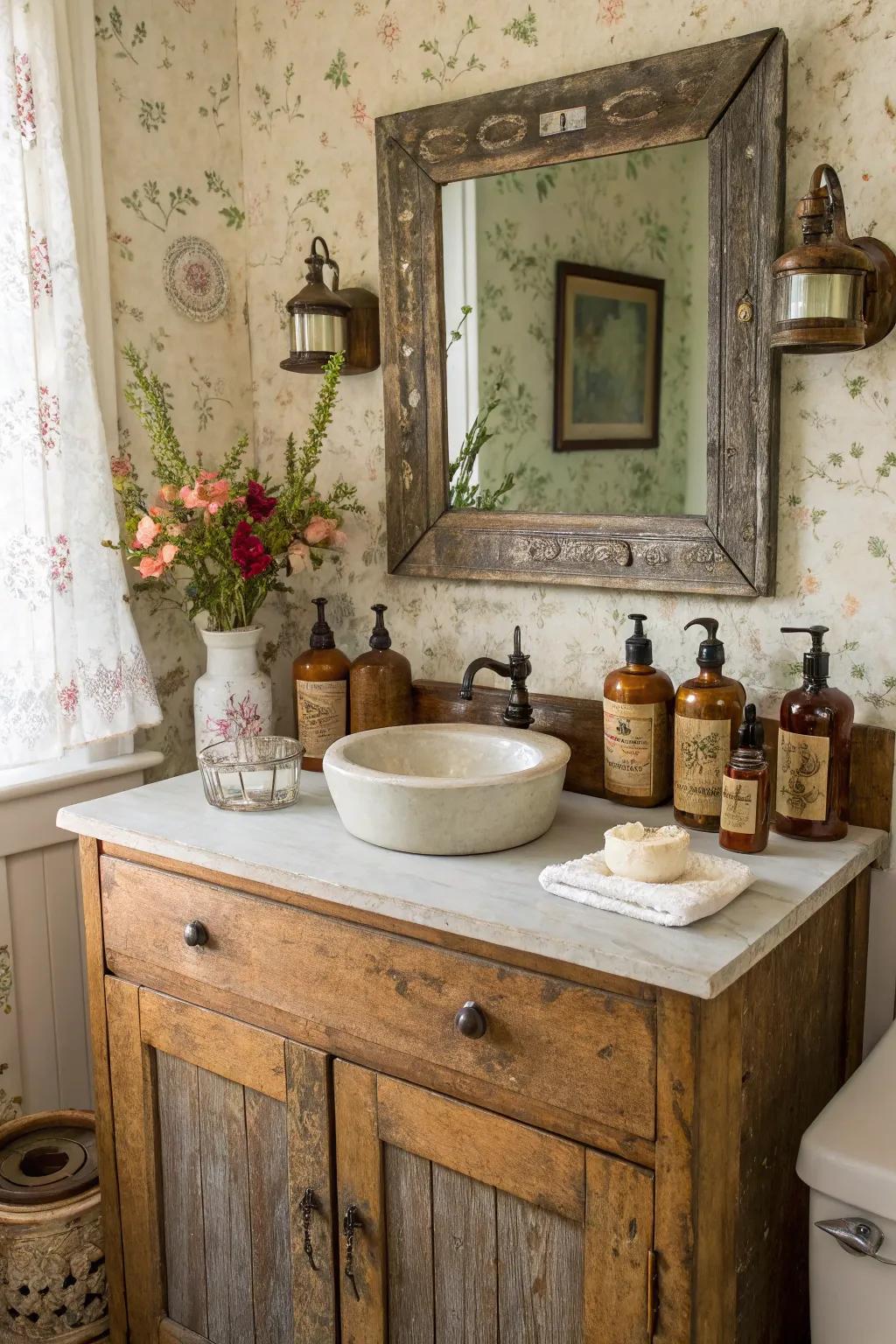 A country bathroom vanity that features vintage accessories and decor.