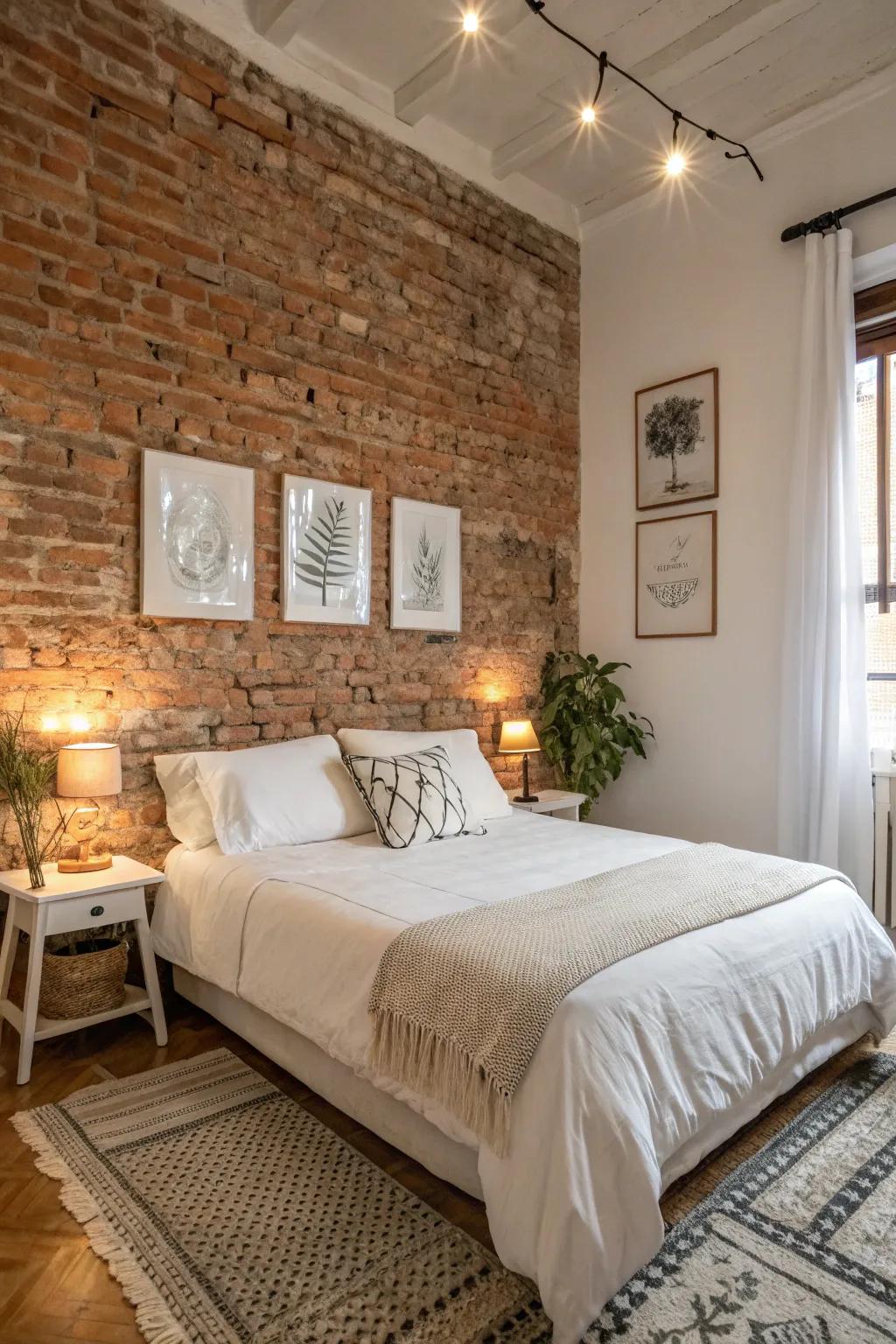 Crisp white elements generating a refreshing dialogue with the time-worn brick wall.