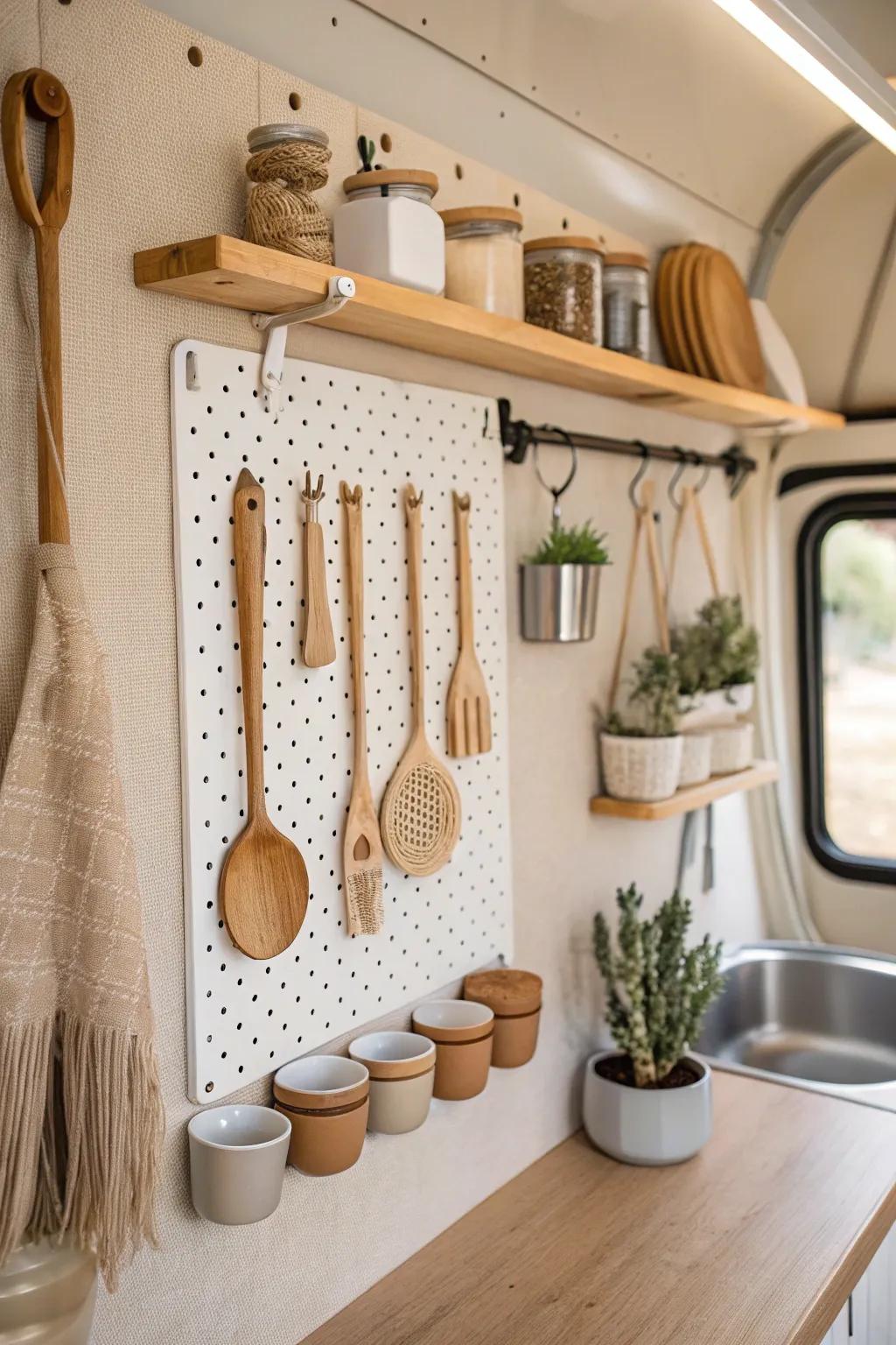 Elevate your RV kitchen with a stylish and practical perforated board – the ideal combination of minimalist design and boho charm!