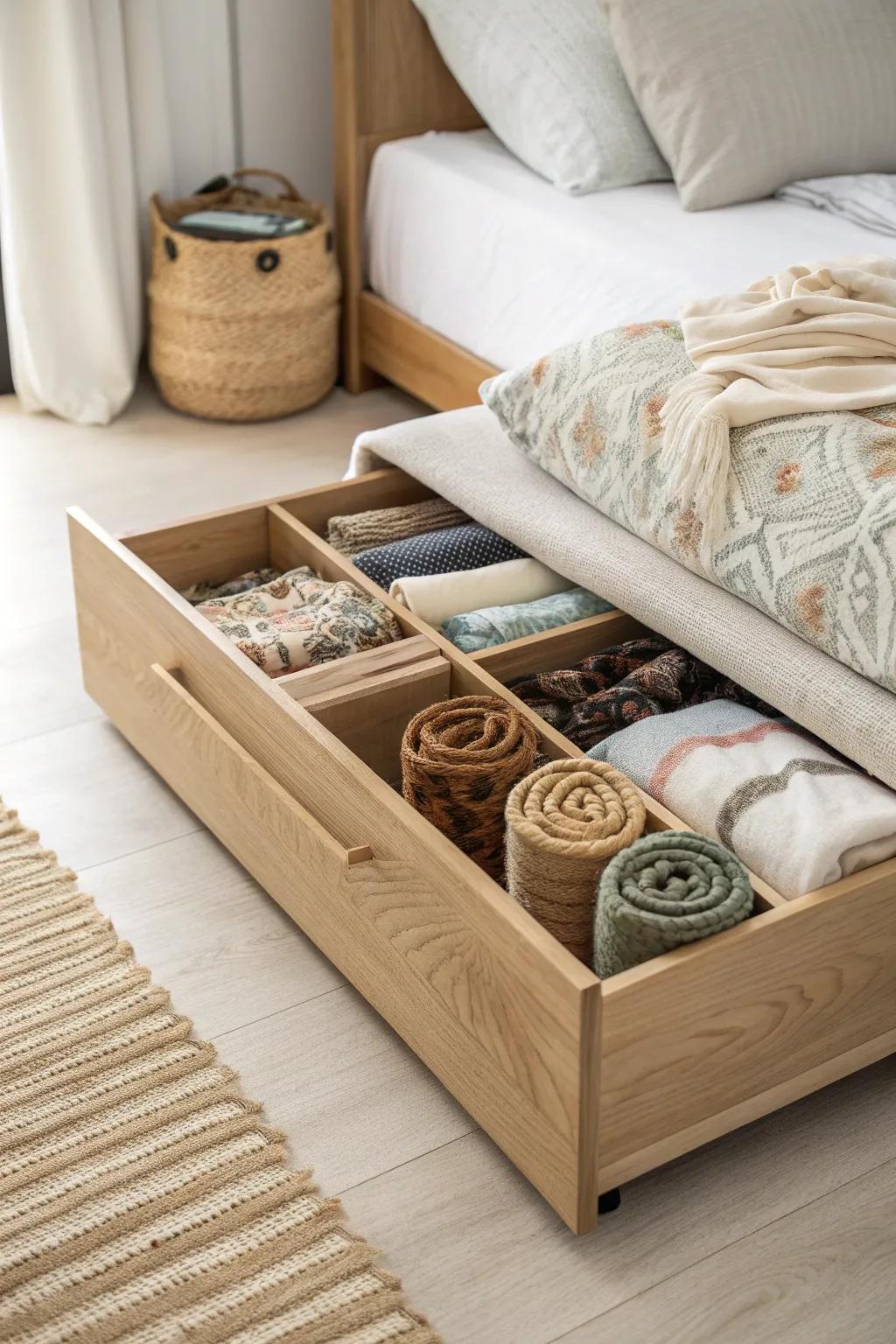Effortless elegance: Store your scarves in style with this chic under-bed storage solution.