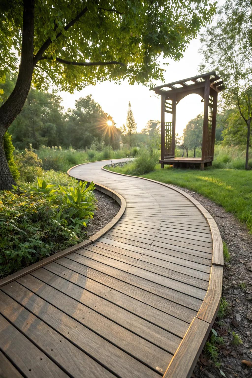 Turn your garden into a striking landscape with a boardwalk crafted from leftover decking planks.