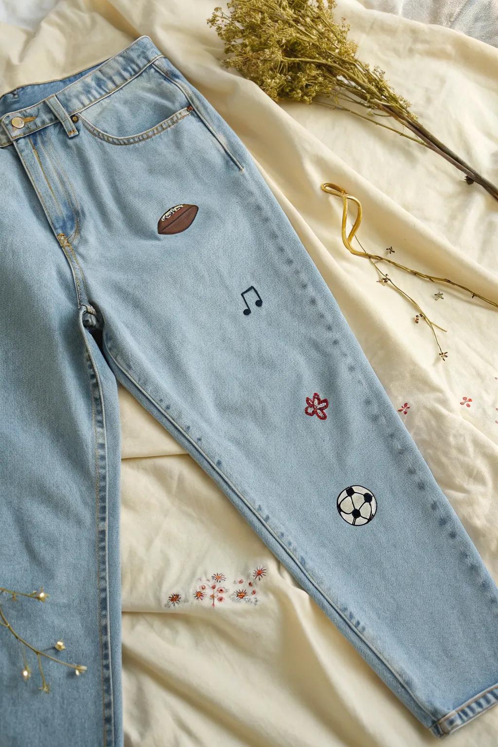 Capture your high school story with artful, personalized jeans—each symbol a cherished memory.