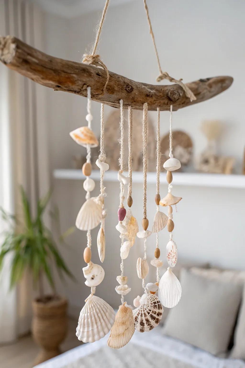 Embrace seaside serenity using a handmade seashell wind chime—a minimalist masterpiece that sings in the breeze.