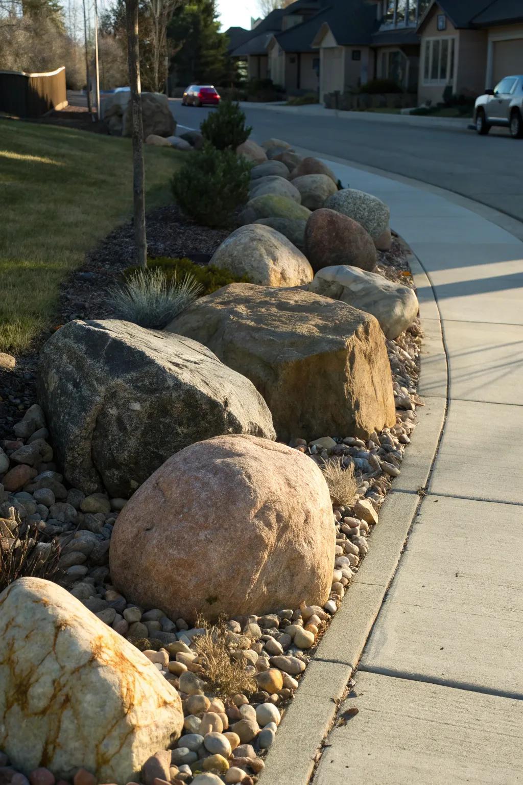 Embrace the rugged allure of nature using countryside boulder edges for a striking sidewalk border.