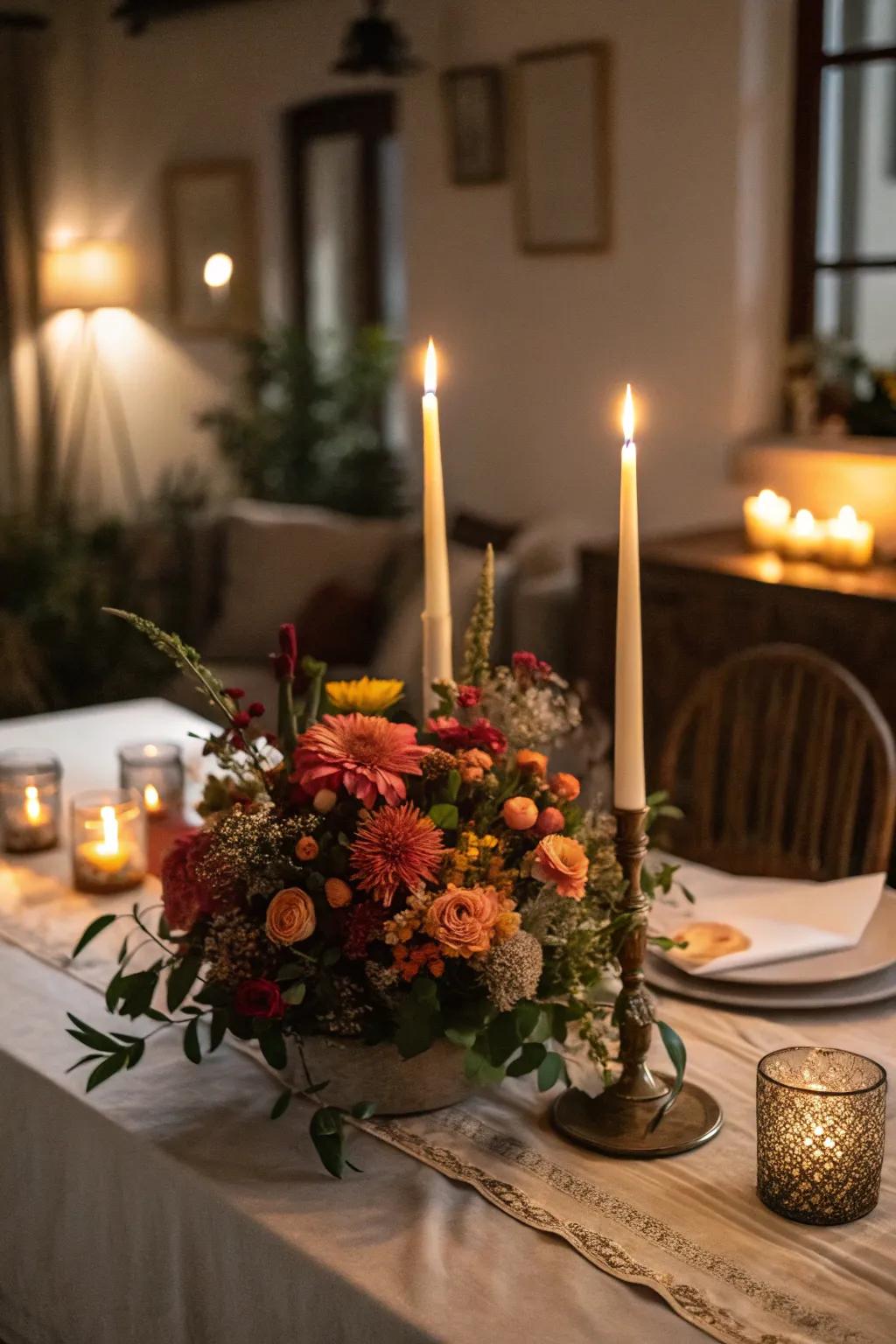 Thin candles and flowers fashion a magical twilight sparkle.