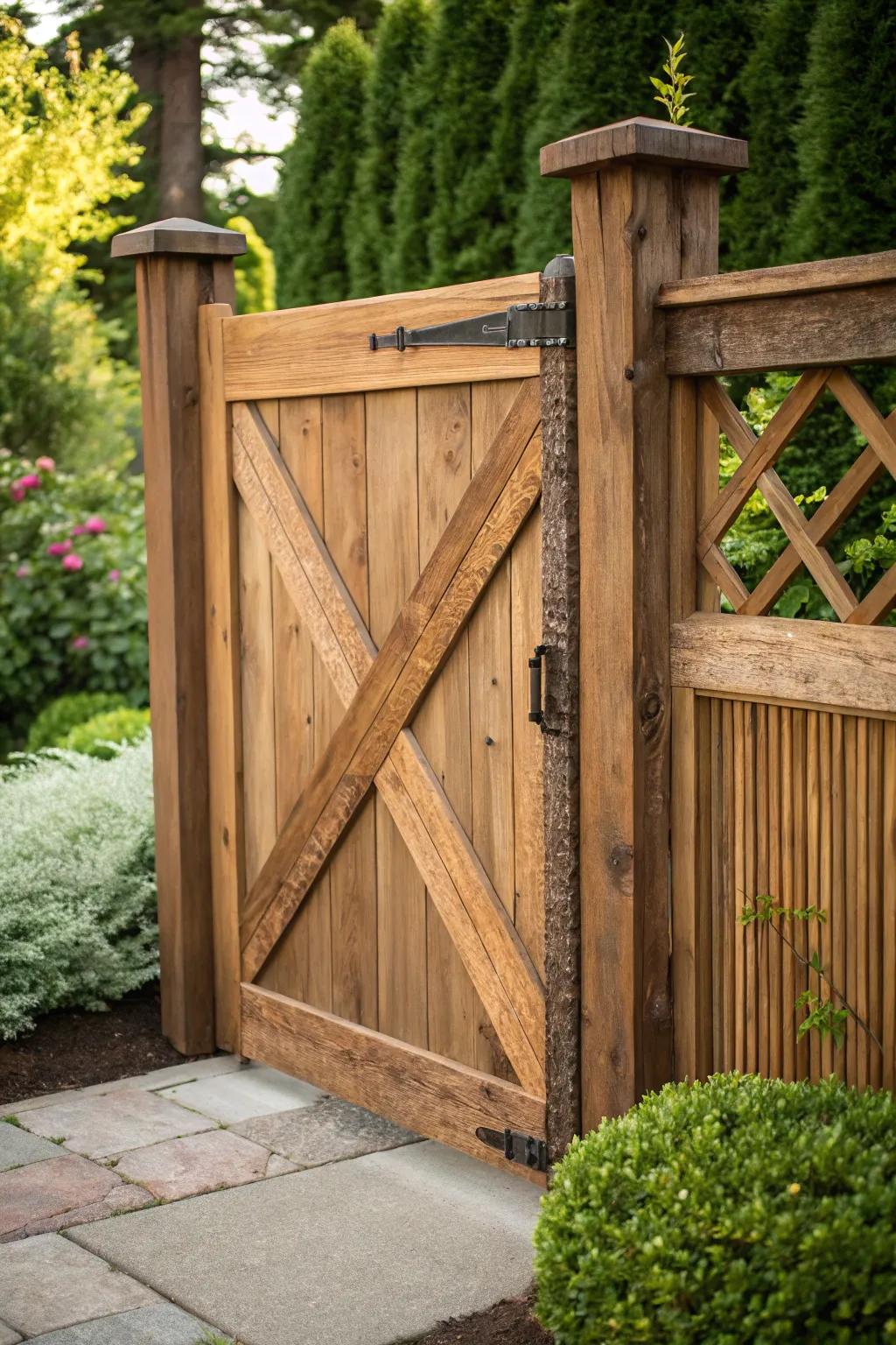 Embrace farmhouse charm using this rustic crossbuck gate design, suited for appending character to any garden.
