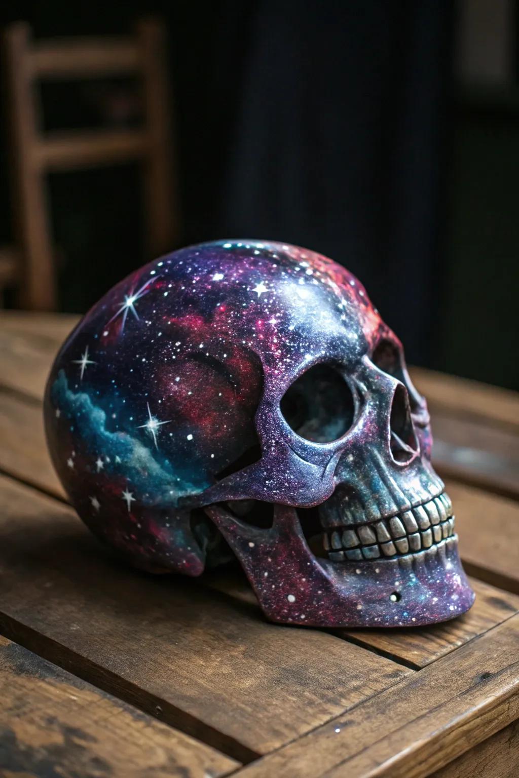 Discover the universe through this charming cosmic-themed skull, where artistry and the cosmos converge.