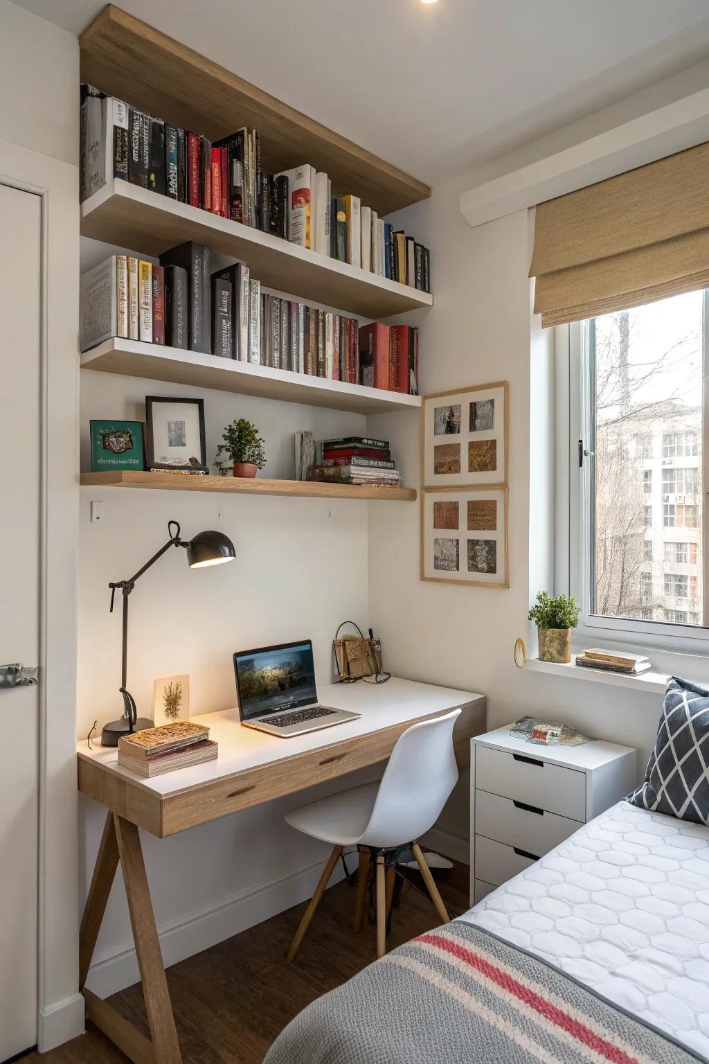 Vertical storage above a desk increases area efficiency.