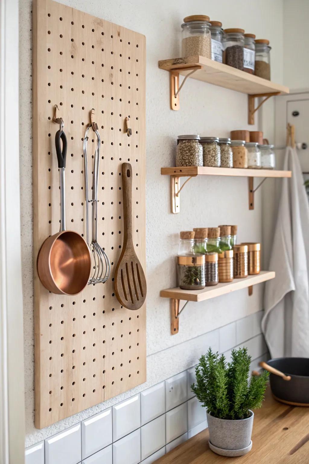 Elevate your kitchen's ambiance with a beautifully arranged pegboard—merging functionality and aesthetics seamlessly.